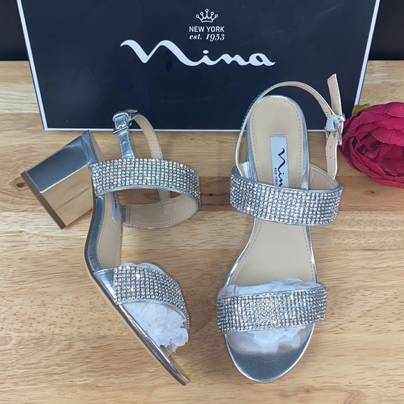 Nina Shoes - Nina Silver Rhinestone Naomi Block Heel Sandals, 6M